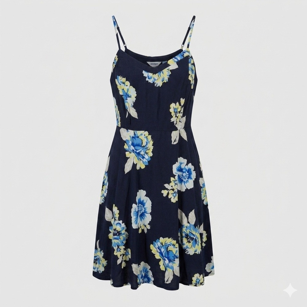 Old Navy Navy Blue Floral Rayon Fit Flare Cami Mini Dress Med Sun Dress Romantic